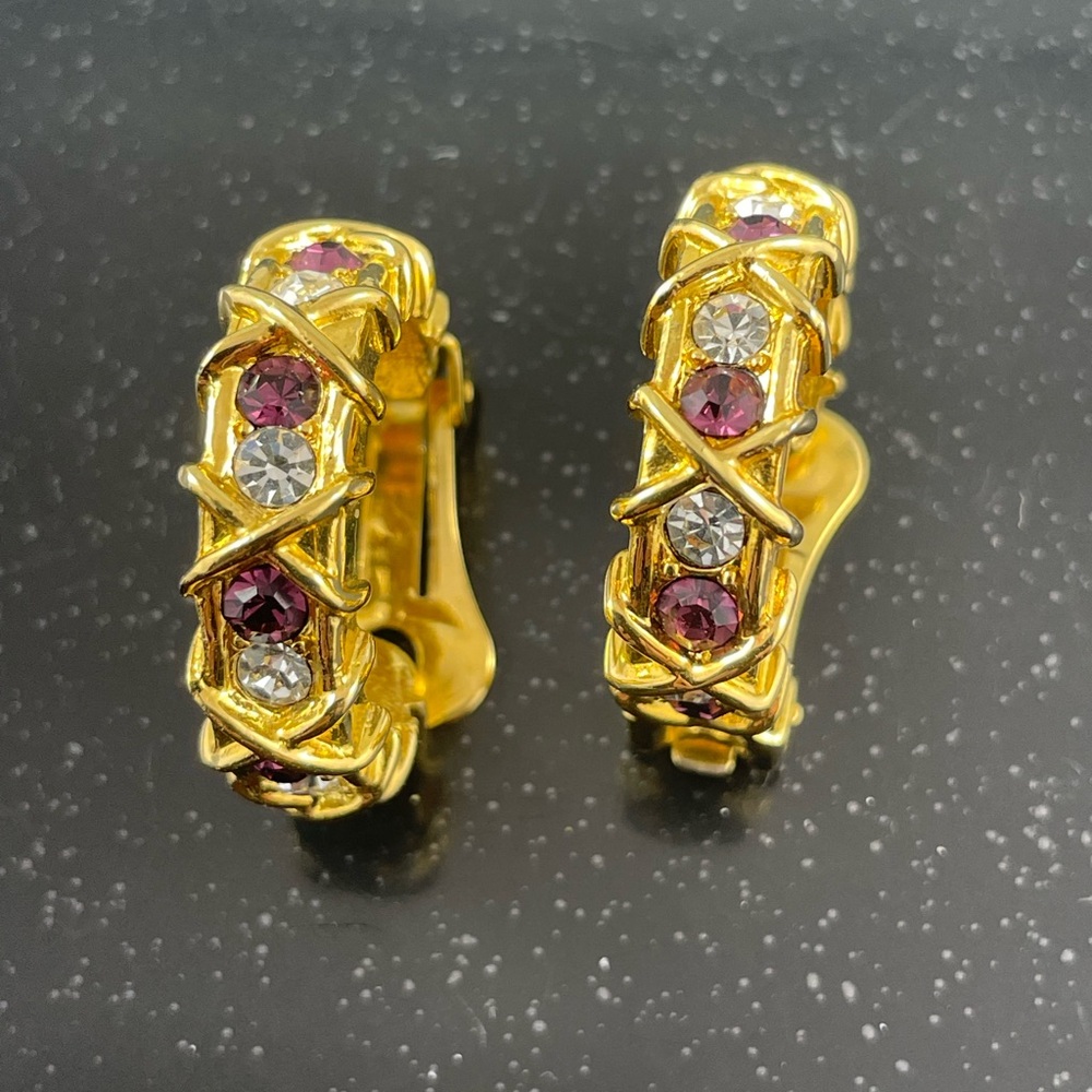 Elegant Gold and Purple and Clear Crystal Earrings